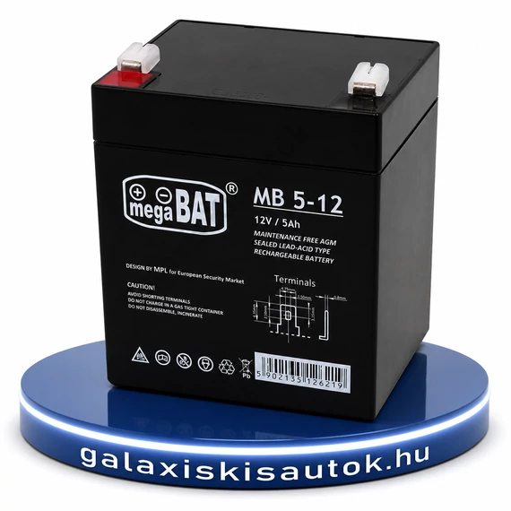 Mega Bat 12V 5Ah akkumulátor elektromos gyermekautókhoz